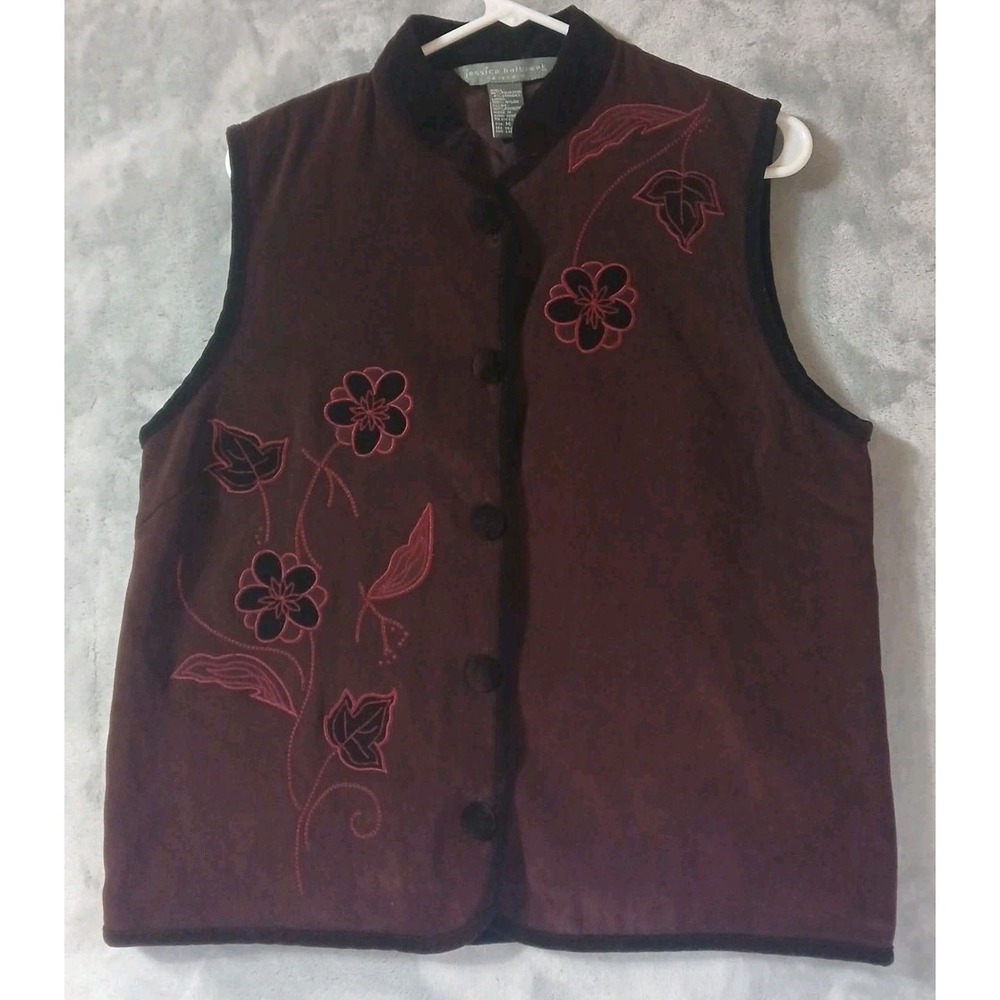 Jessica Holbrook Womens L Vest Velour Quilted Floral Embroidered Burgandy